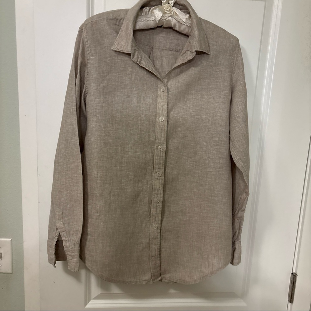 Women’s Quince 100% European Linen Long Sleeve-Tan-Button Front Shirt-Small